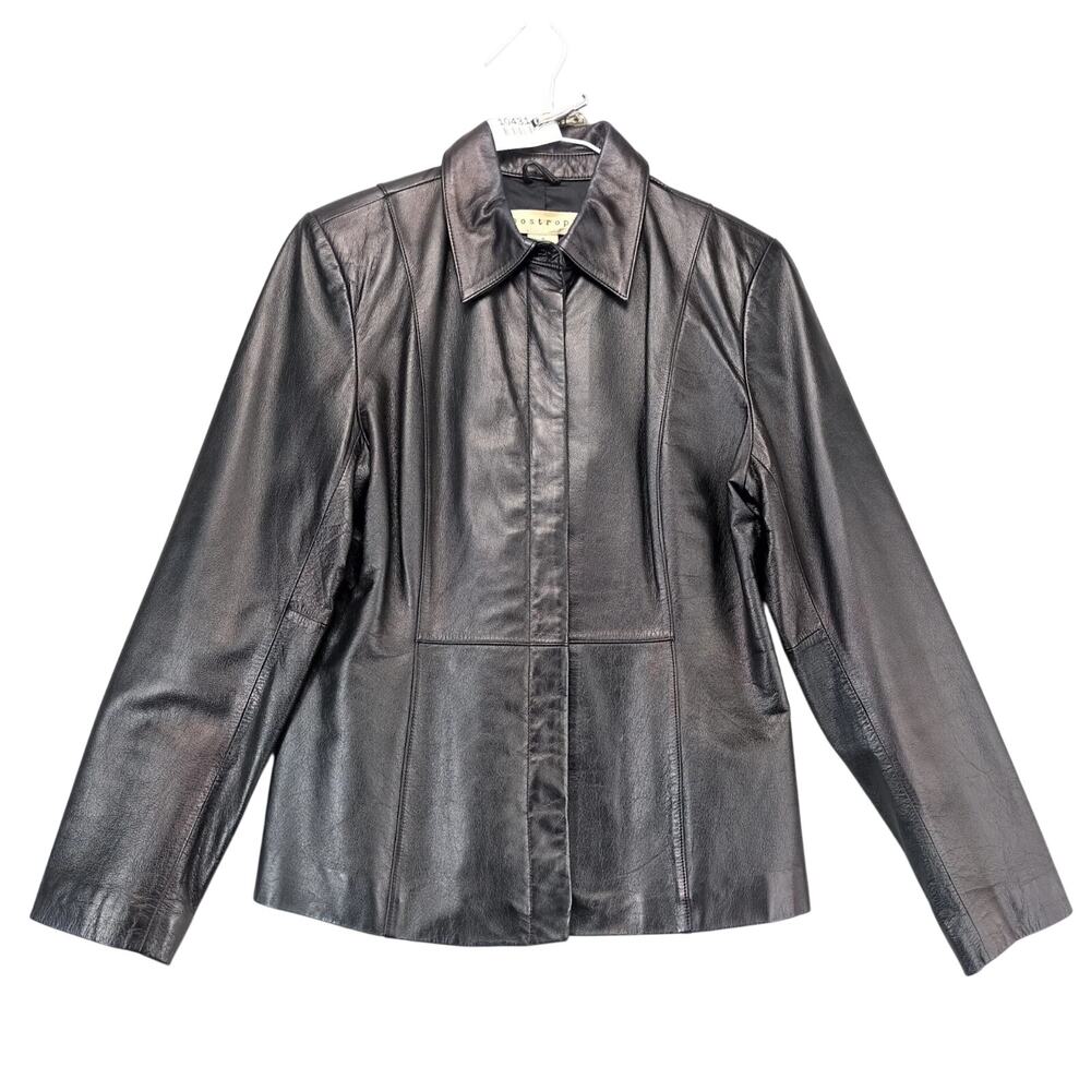 Apostrophe Black Genuine Leather Jacket Women's 4‎ Concealed Buttons Collared